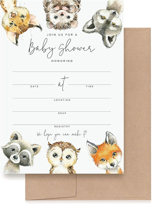 Bliss Collections 25 Baby Shower Invitations with Envelopes, Woodland Animals, Gender Neutral 5x7 Cards
