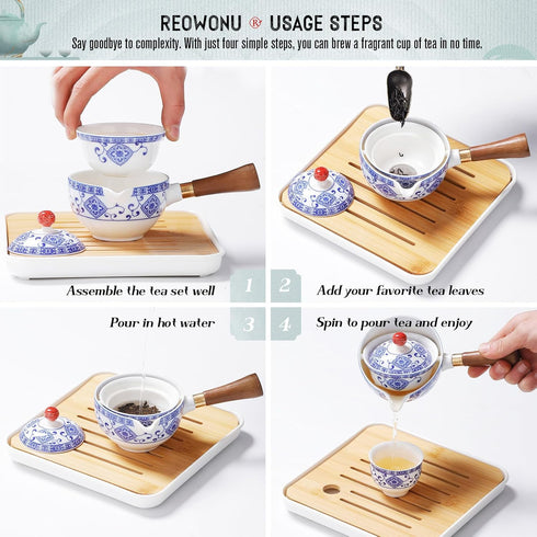Set Set, Set 360 Set Set Set (4cups-Sakura) Japanese Tea Chinese Gongfu Tea Portable Teapot with Rotation Tea Maker