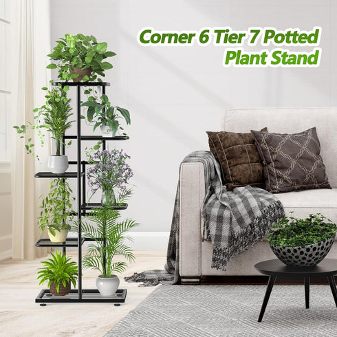 Facofaco 6 7 Tier Potted Metal Plant Stand Indoor with Gardening Tools and Gloves, Corner Tall Tiered Plant Shelf