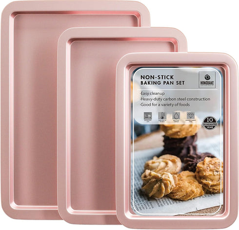 HONGBAKE Baking Sheet Pan Set, Nonstick Cookie Sheet for Oven, 3 Pack Half/Jelly Roll/Quarter Baking Tray, Pink