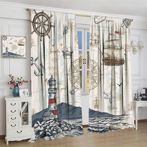 Sailboat 42x54in Nautical Curtains, Vintage Map Lighthouse Anchor Starfish Boat Anchor Sea Animal Blackout Window