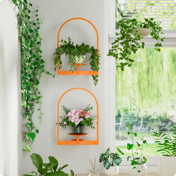Orange Metal Wall Plant Holder - 2-Pack Wall Mounted Plant Stands and