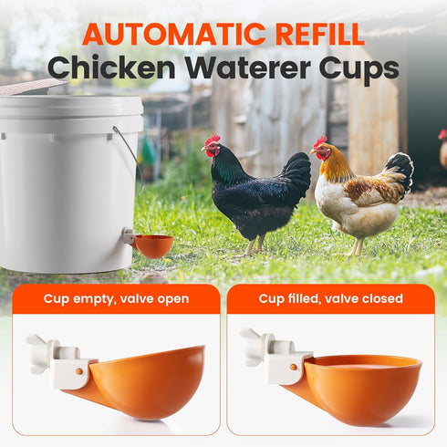 Eggluuz 6 Pack Chicken Waterer Cups, Automatic Chickens Water Cups for Poultry Orange