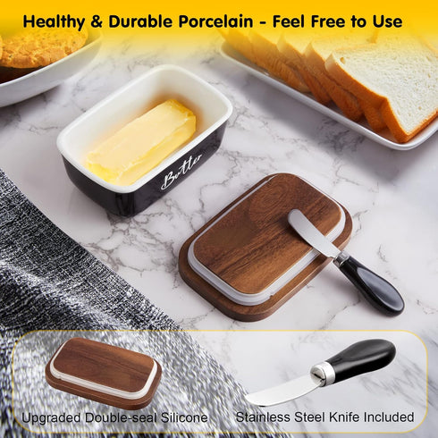 ALELION Black Butter Dish with Lid and Knife, Airtight Ceramic Butter Keeper for Counter or Fridge, Farmhouse Decor