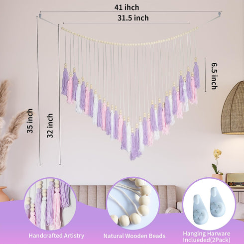 Ariswill 41" 32" Pink & Purple Macrame Hanging Boho Wall dcor, Purple Wall Decor for Bedroom Living Room Girls Room