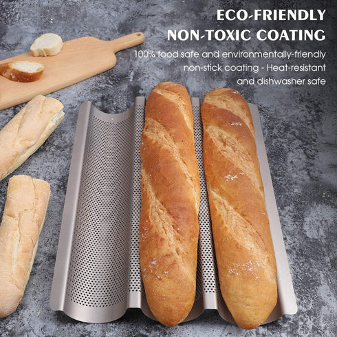Golden Baguette Pan, Nonstick Long French Bread Pan Mold, 3 Slots Perforated Italian Baking Pan for French Bread