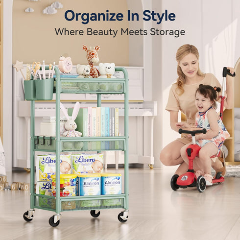 3 YASONIC Tier Rolling Cart Metal Utility Storage Carts with Wheels, Craft Carts Organizer with Hanging Cups, Hooks