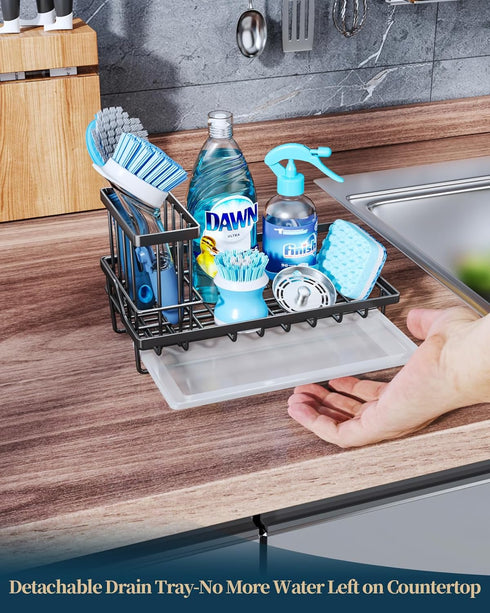 Consumest Sink Caddy Kitchen Sponge Holder + Dish Brush Holder with Drip Tray for Countertop, Stainless Steel, Black