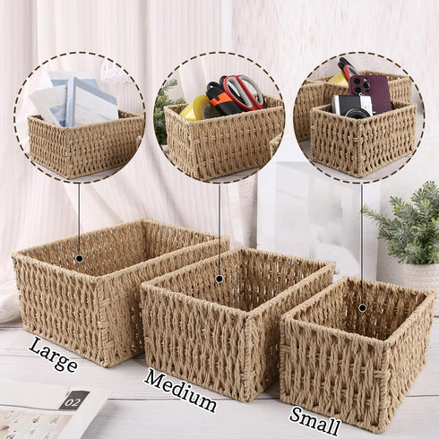 Paper Woven Storage Baskets with Iron Frame, Set of 3 Desk Organizers