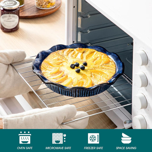 vancasso Stern Ceramic Pie Pan, 9 inch Ruffled Edge, Set of 2, Blue, Deep Baking Dishes