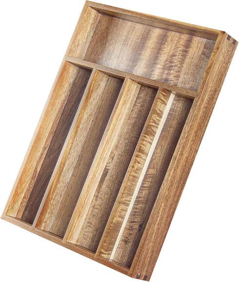 Acacia Wood Silverware Organizer, 5-Compartment Kitchen Utensil Drawer Organizer for Forks & Spoons, Flatware Holder