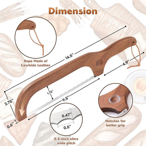 ISAIDNO 14.5" Bread Knife for Homemade Bread, Wooden Sourdough Bread Knife, Sourdough Bread Slicer, Bow Design, Easy