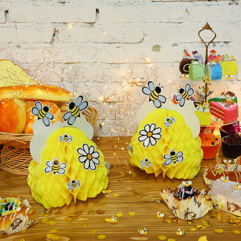 4 Pieces Honey Bee Centerpieces with Sunflower Stickers, Honeycomb Decorations for Bee Day Gender Reveal Birthday Party