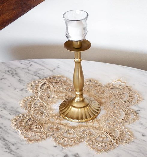 Gold European Lace and Antique Jacquard Fabric Doily - 14 Inch Square Placemat