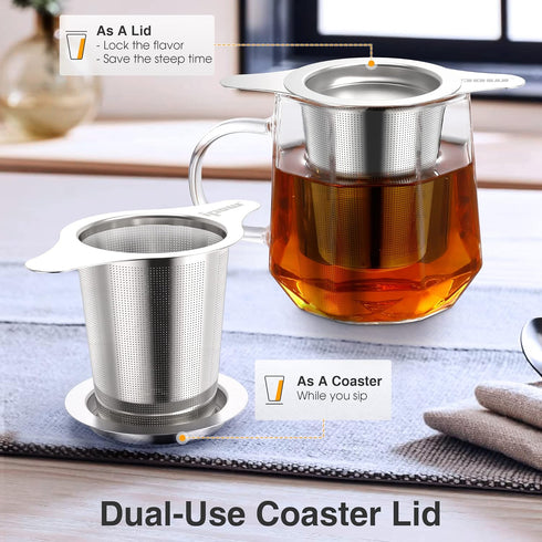 IPOW 2 Pack Extra Fine Mesh Coffee Filter, Micron Mesh Tea Infuser with Coaster Lid and Double-sided Handle