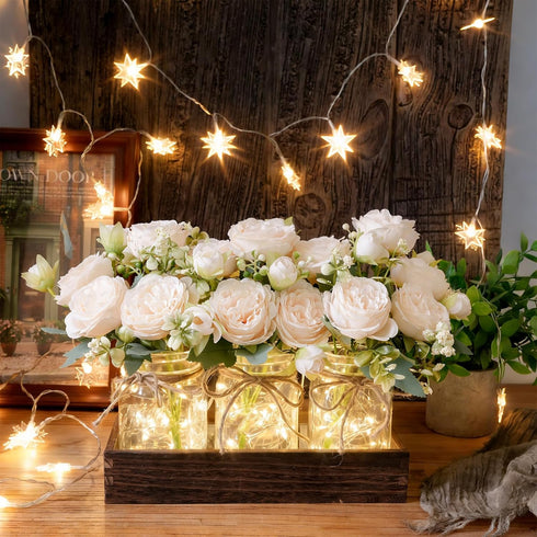 3 Summer LUEUR Mason Jar Lights Centerpiece with Farmhouse Wood Tray Jars with Champagne Peony Spring Flowers, Spring