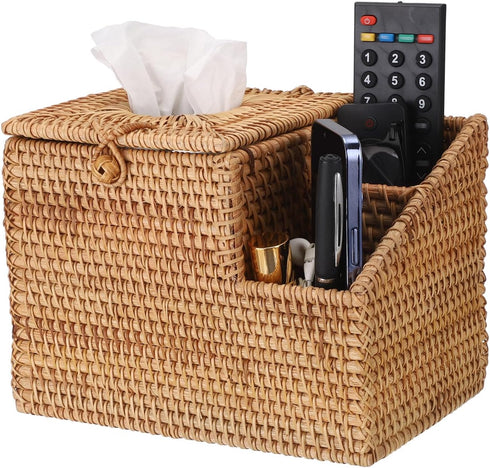 Sumnacon Tissue Box Square Cover with Storage, Rattan Holder with 2 Side Organizer for Bathroom Living Room