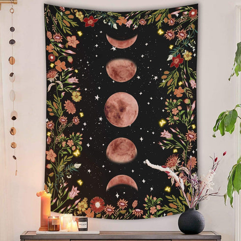 Rexful Moonlit Garden Tapestry - Moon Phase Surrounded by Plants and Flowers, Black Wall Hanging Blanket 44×60 inch