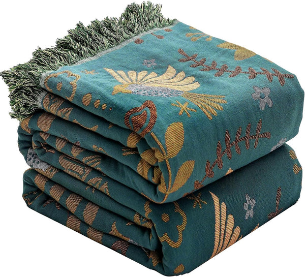 Boho Throw Blanket for Bed Couch, 100% Cotton Woven Bed Throws, Lightweight Soft Cozy Farmhouse Reversible Muslin,