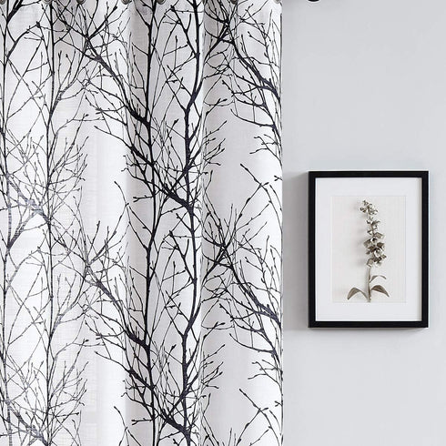FMFUNCTEX Sheer Side Front Door Curtains 40" White Black Branch Tree Print with Matching Tiebacks