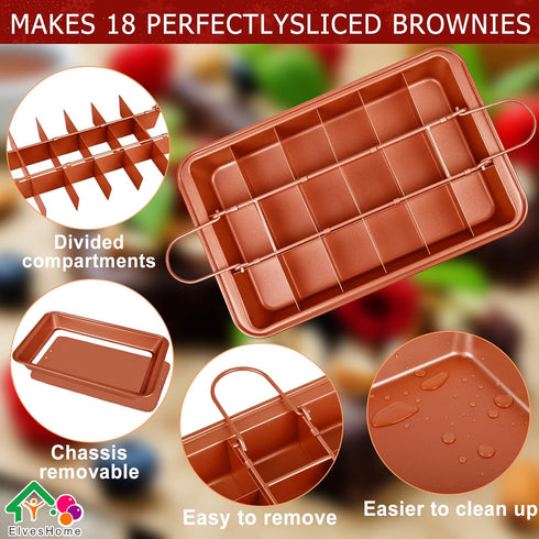 Brownies Pan, Brownie Pan with dividers, Nonstick Brownie Baking Pan with Slicer Cutter & Spatula & Brush, Brownie Pans, Rectangular Cake Pans All Edges Brownie Mold Tray for Baking Bread Cookie Bites by ElvesHome