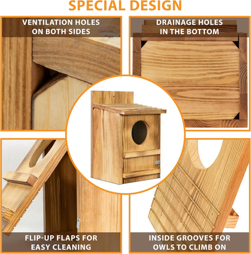 9" 14.5") Screech Owl House, Owl Bird Box Large Handmade Wooden Circular Opening Screech Box for Outside with Mounting