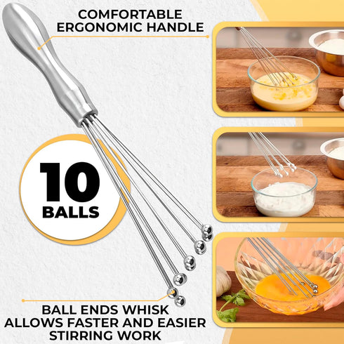 2 Pcs Ball Whisk Set, Stainless Steel Whisk with Ergonomic Handle, 10 Ball Head, Compact 12 & 10 for Stirring