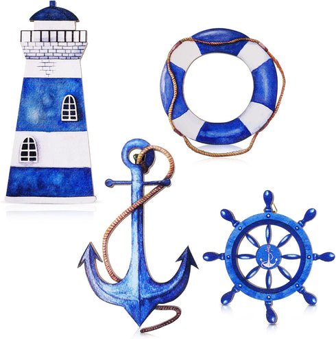 Yookeer 4 Pcs Beach Coastal Wall Decor, Nautical Bathroom Decor, Wood Lighthouse, Ship Wheel, Anchor Wall Art Signs