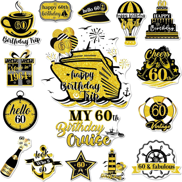 Cruise Door Decorations Magnetic, 16 PCS 60th Birthday Cruise Door Decor Magnets, Cheers to 60 Years Birthday Decor.