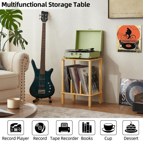 2-Tier 100 Albums, LELELINKY Bamboo Record Player Stand with Vinyl Record Storage up to Boho Bedroom Record Holder