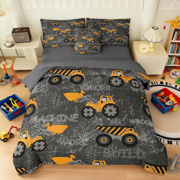 6 Piece Construction Comforter Set Full, Truck Cars Excavator Tractor Dark Grey