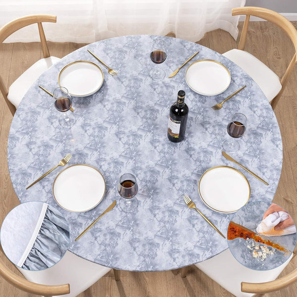 UMINEUX Round Fitted Vinyl Tablecloth, Waterproof Wipeable Round Cover for Indoor Outdoor Use, Grey Marble
