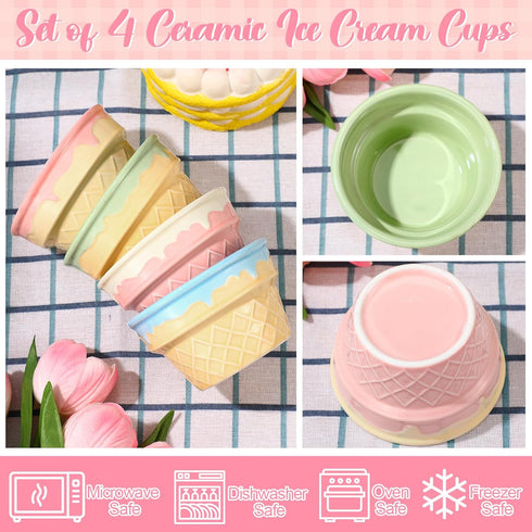 4 9 oz Summer Honeydak Pcs Ice Cream Ceramic Bowls Waffle Ice Cream Cups Reusable Sundae Dessert Snack Containers