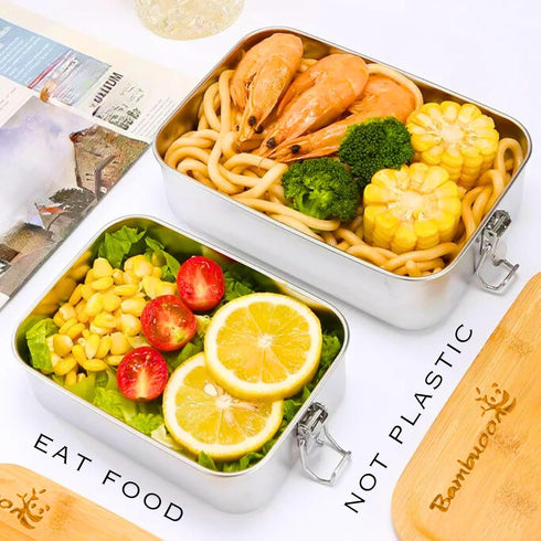 Premium Stainless Steel Bento Lunch Box. Eco-Friendly Meal Storage, Food Container With 100% Leak-Proof Multi-purpose Bamboo Lid. For Snacks, Work, Travel Use. Free Bamboo Cutlery. (28 oz)
