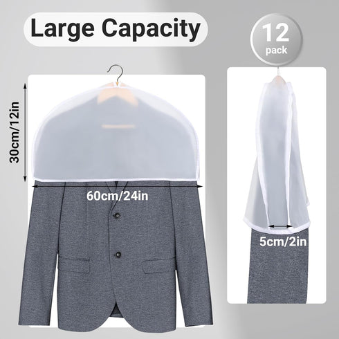 Shoulder Cover, 24x12x2 inch, Pack of 12, Clothes Cover for Hanging T Shirt, Suit, Coat, Jacket, Wedding Dress, Gown, Breathable Clear Plastic Garment Dust Cover for Closet Storage