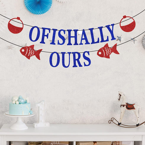 Ofishally Ours Fishing Adoption Banner, Themed Family Party Decor, Welcome Home Blue Glitter