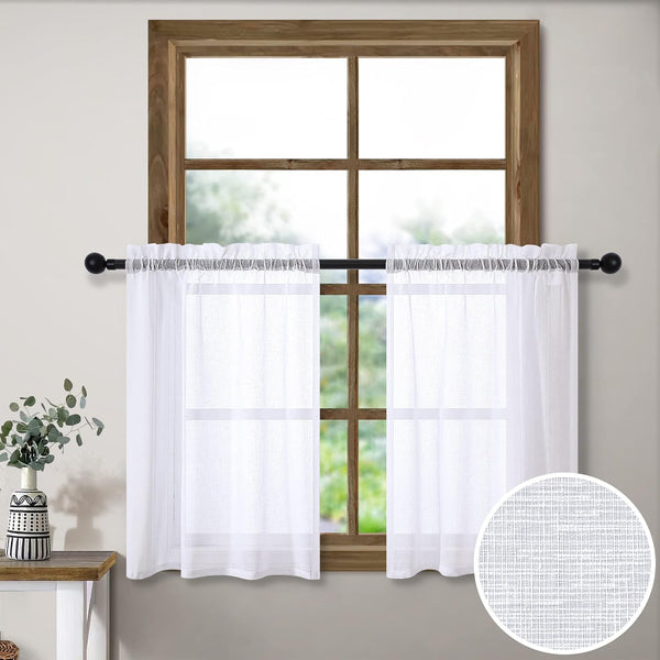 White Short Sheer Curtains, 36 Inch Length for Kitchen Door, 2 Panel Set for Small Window Decor