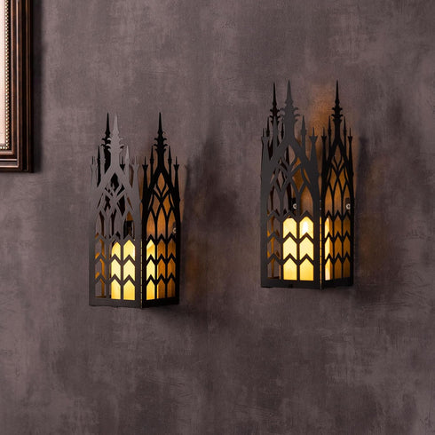 Holder,Set 2 AIM & GGKK Wall Candle Sconce of Gothic Cathedral Wall Sconce with Window Design,Black Metal Wall Mount