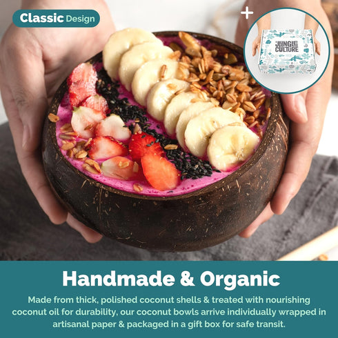 Jungle Culture 1 Coconut Bowl & Spoon with FREE eBook • Wooden Bowl • Salad Serving Bowl • Acai Smoothies Pasta Cereal Bowl • Vegan Gift Ideas • Eco Friendly Coconut Shell Bowls by Jungle Culture
