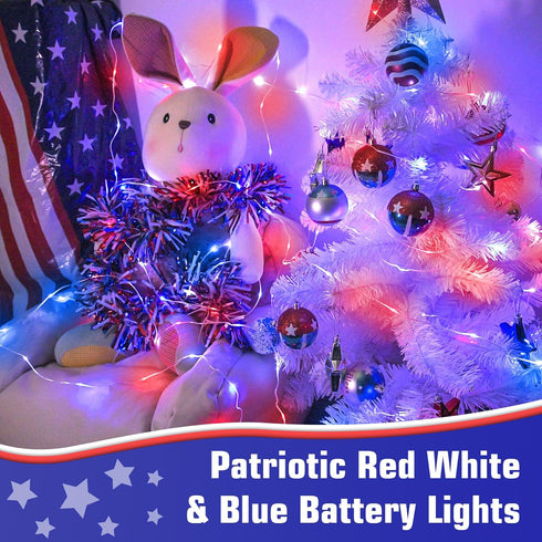 cshare 4th 16.4ft 50LED 4th Red White and Blue Fairy Lights Battery Operated, of July Lights with Timer for of July
