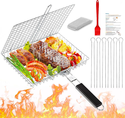 WHALERISE Grill Basket for Outdoor Grill, Stainless Steel Grilling Basket with Foldable Handle,