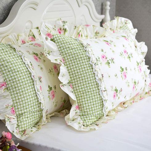 FADFAY Farmhouse Style Pillowcases, Pink Rosetta Printed Gold with Green Plaid, 100% Cotton Vintage Lace Ruffles