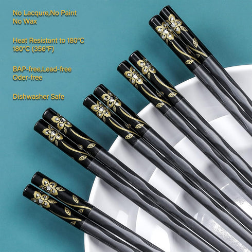 Fiberglass Chopsticks Series, Japanese Non-Slip Reusable Chopsticks, 5 Pairs Gift Set, 9.9 Inches, Black