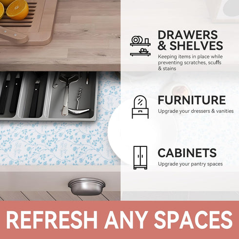 RAY STAR Shelf Liner, Non-Adhesive Wisteria Blue Floral Kitchen Cabinet Liner, Strong Grip Non-Slip Waterproof (12 Inch