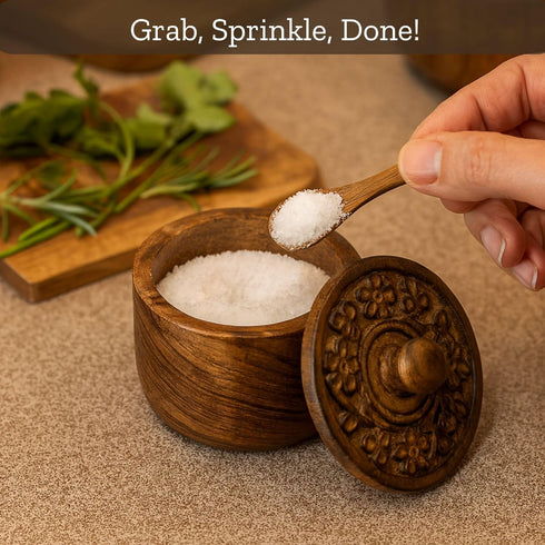 Pinch Mie Creations Rustic Salt Box Cellar with Hand Carved Lid & Spoon, Wooden Salt Bowls | Wood Salt Pepper Keeper