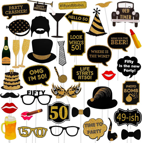 Adult 50th Birthday Photo Booth Props, 41 Pcs for Her Him, Gold and Red Decorations, 50th Happy Birthday Supplies