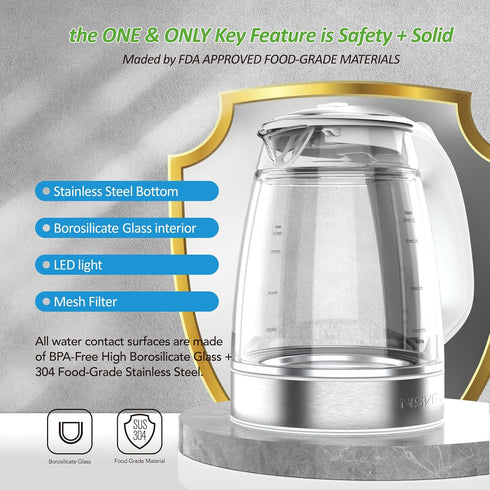 1500W, 1.7L, NISVITU Glass & Stainless Steel Cordless Electric kettle for boiling water, Hot water boiler Electric Tea