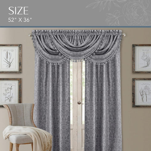 Elrene Home Fashions Antonia Floral Damask Waterfall Window Valance with Tassels, 52"x36", Silver
