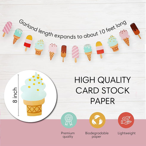 Chloe Elizabeth 10 (1-Pack) Ice Cream & Popsicle Paper Party Garland, Streamer Decor for All Events - Feet Long Per