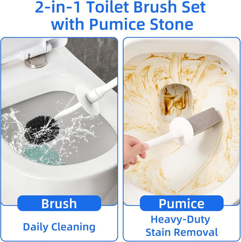LZLOOK Set Toilet Brush and Holder with Pumice Stone Long Handle Toilet Bowl Brush, Anti-Splash Scrubber, Ventilated